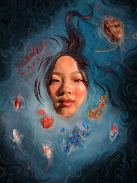 Face Floating In Water, Face In Water Painting, Ocean Awareness Art, Face In Water Drawing, Water Art Reference, Water Pollution Art, Ocean Pollution Art, From Above Reference, People In Ocean