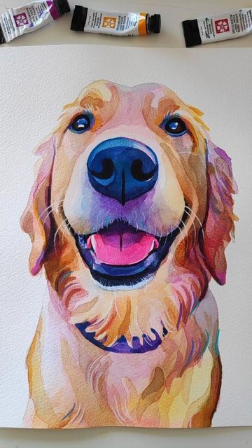 Watercolour Golden Retriever, Watercolor Dogs Easy, Painting Golden Retriever, Golden Retriever Watercolor, Golden Retriever Painting, Dogs Painting, Dog Watercolor Painting, Acrylic Portrait Painting, Dog Portraits Art