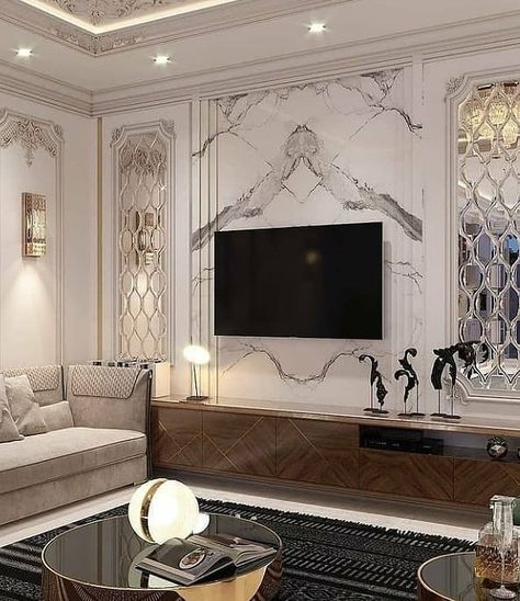 Royal Tv Unit Design, High Ceiling Living Room Modern, Royal Interior, Islamic Interior Design, Lcd Wall, Ruang Tv, Backdrop Tv, Tv Wall Decor Ideas, Luxury Mansions Interior