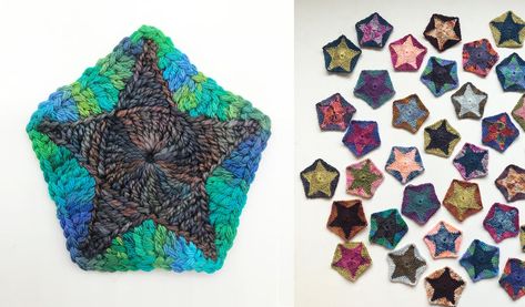 Crochet Star Hexagon, Crochet Pentagon Pattern Free, Granny Square Pentagon, Pentagon Granny Square, Granny Pentagon, Crochet Pentagon, Scrunchie Crochet Pattern, Epp Quilt, Crochet Hexagons