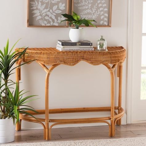 Wakana Modern Bohemian Natural Brown Rattan Console Table - Bed Bath & Beyond - 39767175 Rattan Console Table, Rattan Console, Console Table With Drawers, July Ideas, College Apartment Decor, Metal Console, Hallway Table, Entryway Living Room, Unique Table