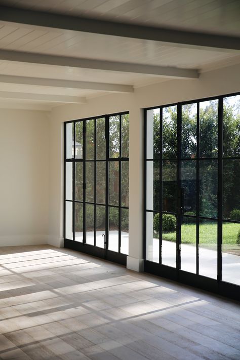 Windows To The Floor, Gallery House Interior, Large Front Window, House With Large Windows, Old World Interiors, Black Window Trims, Wall Of Windows, Large Window, Big Windows