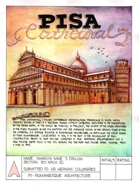 Pisa Cathedral Sketch, Pisa Cathedral Drawing, Architectural Plates Hoa, History Of Architecture Plates, Architecture Plates, Kalimba Notes, Pisa Cathedral, Architecture Journal, History Poster