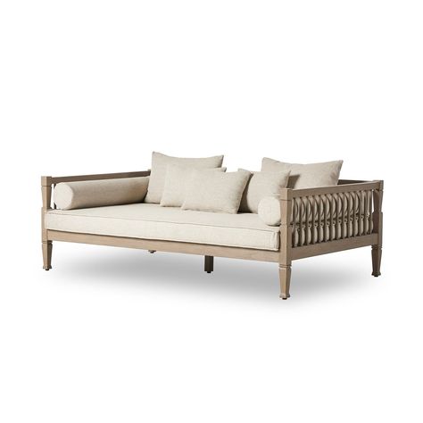 Inspired by traditional Balinese daybeds, FSCÂ®-certified teak and deep seating define this outdoor sofa. Layered pillows and bolsters add comfort and invite you to lounge. Cover or store indoors during inclement weather and when not in use.Product Overview Color: Faye Sand Dimensions: 86"W x 52"D x 34.5"H Materials: 1 Outdoor Sofa Design, Four Hands Furniture, Sofa Design Wood, Four Hands, Burke Decor, Furniture Collection, Sofa Design, Sofa Furniture, Item Number