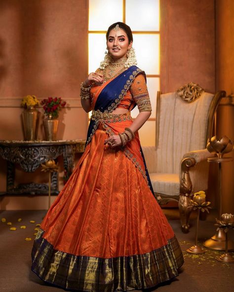 Blue Colour Lehenga, Vidya Pradeep, Haldi Poses, Saree Function, Mac Makeup Looks, Langa Voni, Kid Outfits, Half Saree Lehenga, Half Sarees