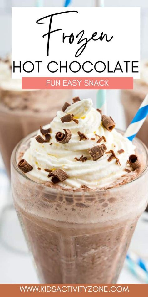 This Frozen Hot Chocolate is an incredibly simple treat, requiring just four ingredients. It's so easy to whip up that even kids can indulge themselves! Beat the summer heat with this delightful frozen beverage, brimming with rich chocolate flavor. Fun Kids Drinks, Iced Hot Chocolate, Inexpensive Dinner Recipes, Hot Chocolate Mix Recipe, Healthy Beverages, Kid Friendly Drinks, Hot Chocolate Milk, Fun Summer Drinks, Frozen Hot Chocolate