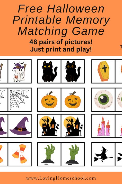 Match Halloween pictures with this Free Printable Halloween Memory Matching Game! Perfect for elementary, preschool and even toddler ages! Pumpkin Memory Game, Halloween Memory Game Free Printable, Free Printable Matching Games, Halloween Matching Activities, Easy Halloween Games For Preschoolers, Halloween Memory Game Printable, Halloween Card Games, Free Printable Memory Game, Games For Halloween For Kids