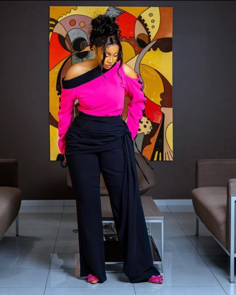 Two piece Pink top and black pants with unique design Two Piece Pant Set Classy, Classy Two Piece Outfit, Outfit Inspo Church, Two Piece Outfits Pants High Waist, 2 Piece Outfit Set Pants, Two Piece Outfits Pants Classy, Two Piece Outfits Pants, Plaid Jumpsuit, Work Fits