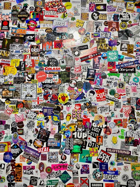 sticker wall with various stickers Wall Decor Street Style, Stickers On Wall Aesthetic, Sticker Wall Aesthetic, Street Stickers Art, Graffiti Aesthetic Street Art, Graffiti Wall Aesthetic, Old Farmhouse Aesthetic, Art Wall Aesthetic, Aesthetic Art Museum