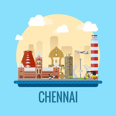 Chennai Illustration Art, Madras Day Posters, Balcony Sitout, Chennai Illustration, Tamil Art Culture, London Skyline Tattoo, Logo Design Infographic, Temple Poster, Caricature Wedding