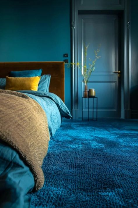 How To Decorate A Bedroom With Blue Carpet: Color Coordination Navy Carpet Bedroom Ideas, Blue Grey Carpet Bedroom, Navy Blue Carpet Bedroom, Bedroom With Blue Carpet, Navy Carpet Bedroom, Blue Carpet Bedroom Ideas, Full Room Carpet, Carpet Bedroom Ideas, Blue Carpet Bedroom