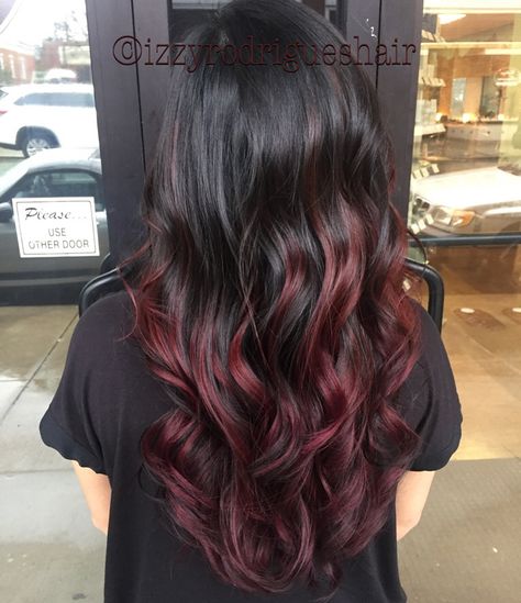 Dark Roots With Burgundy Hair, Black And Wine Hair Color, Dark Red Under Black Hair, Dark Maroon Hair Highlights, Dark Hair With Burgundy Underneath, Brunette Hair With Maroon Highlights, Maroon Streaks In Black Hair, Ruby Wine Highlights, Red Violet Balayage Brunette