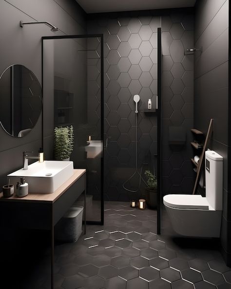 Dark Tiled Bathrooms Ideas, Black Tiles Bathroom Floor, Gray Modern Bathroom Ideas, Black Large Tile Bathroom, Black And White Ensuite Bathroom, Black White And Grey Bathrooms, Black Bathroom Shower Ideas, Dark Wall Bathroom Ideas, Dark Ensuite Bathroom Ideas