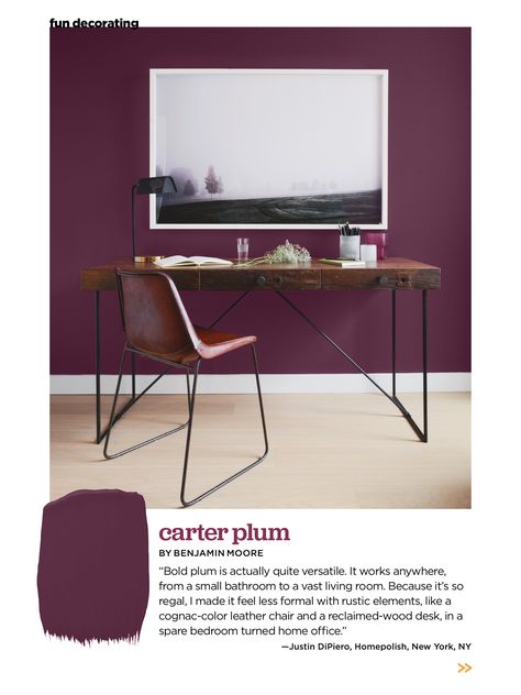 Carter Plum by Benjamin Moore. Purple Home Office, Reclaimed Wood Desk, Foyer Decorating, Purple Home, Purple Walls, Nyc Apartment, Wood Desk, Home Design Decor, New Wall