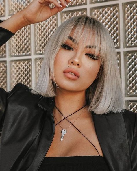 long bob, bob haircut, bob hairstyle, low-maintenance bob, choppy bob haircut 2023, long bob haircut 2023, wolf cut bob Bob With Bangs Black Women, Platinum Blonde Bob With Bangs, Blonde With Fringe, Hairstyles Low Maintenance, Black Hair Asian, Bob With Wispy Bangs, Blonde Bob With Bangs, Straight Long Bob, Long Bob Blonde