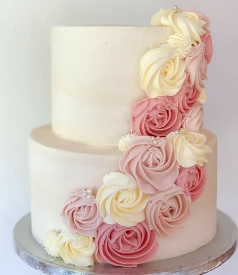 2 Tier Cake With Rosettes, 2 Tier Cakes With Flowers, 2 Tier Floral Cake Birthday, Simple 2 Tier Cake Designs, Two Tier Birthday Cake For Women, Rosette Cake 2 Tier, Two Tier Cake Designs Simple, Birthday Cake Ideas Two Tier, Pink Cake 2 Tier