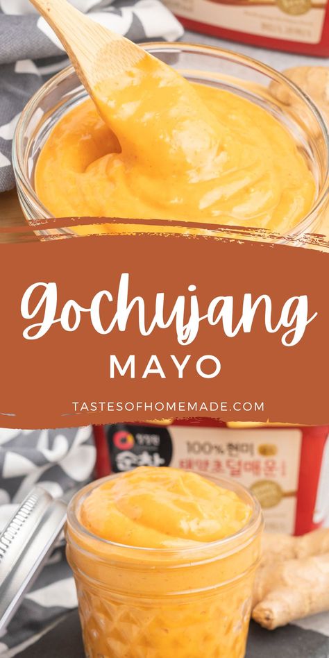 Gochujang mayo is a creamy, mildly spicy condiment that is great as a spread, dip or sauce. Made with mayonnaise and gochujang paste, it has a slightly spicy flavour which is complimented by adding ginger, garlic and sesame oil. It is delicious on sandwiches and burgers, as a dip for appetizers, or drizzled on Korean bulgogi bowls and other dishes. It comes together in just 5 minutes and will keep in the refrigerator for up to two weeks. Gochujang Mayo Recipe, Korean Burgers, Gochujang Mayo, Korean Burger, Gochujang Paste, Sauce Burger, Korean Bulgogi, Homemade Bbq Sauce Recipe, Gochujang Sauce