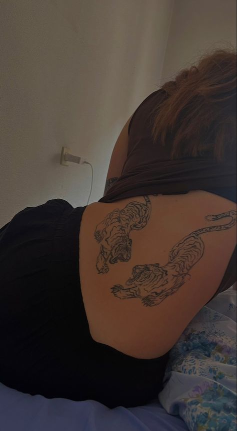 #tattoo #tattooideas #aesthetic #tiger #backtattoo Tiger Tattoo Symmetrical, Double Tiger Back Tattoo, Back Animal Tattoo, Lower Back Tiger Tattoo, Back Symmetrical Tattoo, Two Tigers Back Tattoo, Tiger Tattoo Back Woman, Tiger On Back Tattoo, Double Tiger Tattoo