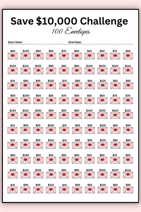 10k Savings Challenge, 10k Savings, 100 Envelope Challenge, Envelope Challenge, Saving Money Chart, Money Template, Money Chart, Budget Challenge, Savings Challenge Printable