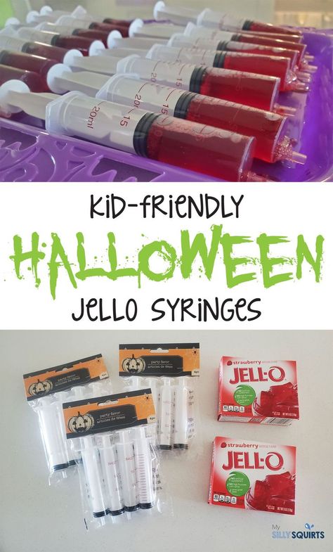 It's Halloween time! So, here's how to make the easiest Halloween party treat or appetizer. These kid-friendly Jello syringes are non-alcoholic and perfect for kids and adults alike. They are litterally jello shots, haha! Pair them on any Halloween table setting or put them on display at your Halloween buffet table. jello snacks | Halloween appetizers | party favors | Halloween kids snacks | spooky treats Halloween Kids Snacks, Jello Snacks, Syringe Jello Shots, Easy Halloween Party Treats, Halloween Buffet Table, Party Snack Table, Halloween Jello Shots, Halloween Jello, Sleepover Party Games