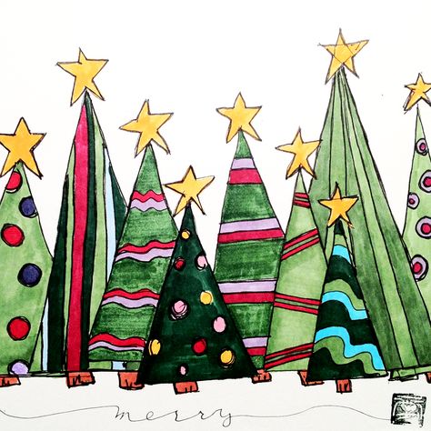 merry! Zentangle Christmas, Painted Christmas Cards, Whimsical Christmas Trees, Christmas Tree Art, Christmas Doodles, Christmas Rock, Christmas Card Art, Watercolor Christmas Cards, Watercolor Christmas