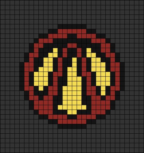 A pixel art template of the circular Borderlands (red and yellow) logo. Borderlands Pixel Art, Pixel Art Grid Video Games, Video Game Perler Bead Patterns, Video Game Perler Beads, Videogame Cross Stitch, Video Game Pixel Art, Borderlands Cross Stitch, Cross Stitch Patterns Video Games, Fallout Perler Beads