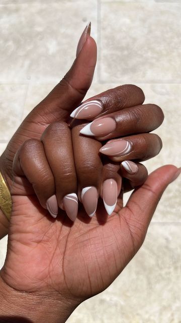 Nails Gelx Almond, Short Stiletto French Tip Nails, French Tip Almond Acrylic Nails, Almond Nails Black Women, French Nails With A Twist, Nude Nails Black Women, Mommy Nails, Nails Black Women, Jamaica Culture