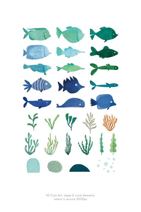 Cute Fish Clipart, Blue & Green Watercolor Sealife Illustrations Algae, Corals and Fish, Instant Download - Etsy Blue Green Watercolor, Fish Clipart, Sea Life Art, Watercolor Fish, Graphic Arts Illustration, Fish Illustration, Cute Fish, Fish Drawings, Green Watercolor