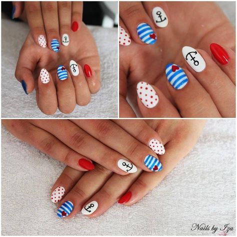 Hello Sailor! Marine nails made by Iza Kuczyńska Semilac:   001, 086, 039 Sailor Nails, Marine Nails, Country Acrylic Nails, Nails Products, Aztec Nails, Cruise Nails, Nautical Nails, Mickey Nails, Chevron Nails