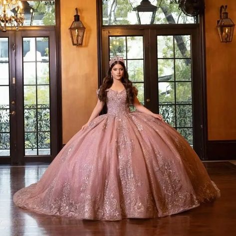 Pink Shiny Off Shoulder Ball Gown Quinceanera Dresses 2024 Sweet 16 Princess Gold Appliqued Lace Charro Theme, Dresses Sweet 16, Xv Dresses, Lace Tassel, Ball Gown Quinceanera Dresses, Off Shoulder Ball Gown, Beautiful Ball Gowns, Beautiful Ball, Gold Applique