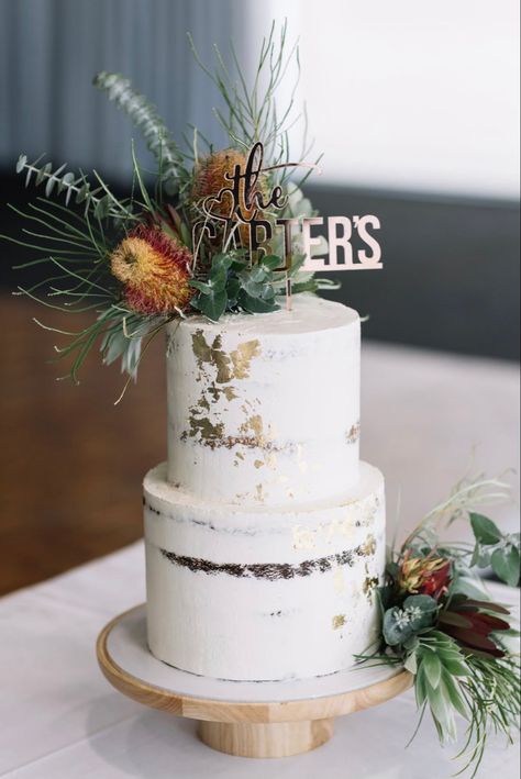 Buttercream mud cake with Native flowers Australian Native Wedding Theme, Australian Native Wedding Cake, Wedding Cake Australian Native, Indigenous Wedding Cake, Wedding Cake Australian Native Flowers, Simple Wedding Cake Dried Flowers, Wedding Cake With Native Flowers, Wedding Cake With Protea Flower, Two Tier Wedding Cake