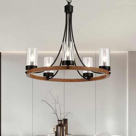 Gracie Oaks Gusman 5 - Light Candle Style Wagon Wheel Chandelier & Reviews | Wayfair Chandelier Glass, Wheel Chandelier, Kitchen Island Linear Pendant, Wagon Wheel Chandelier, Farmhouse Chandelier, Candle Style Chandelier, Geometric Chandelier, Globe Chandelier, Traditional Chandelier