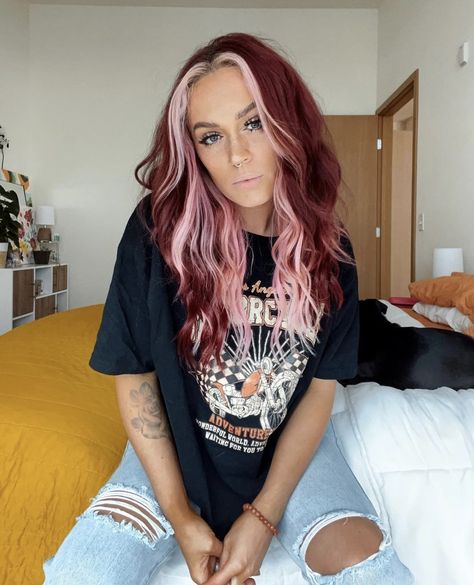 Red And Pink Underneath Hair, How To Dye Your Own Money Piece, Burgundy Hair With Blonde Underneath, Reddish Pink Highlights, Wine And Pink Hair, Red And Pink Halo Hair, Pink Money Piece Red Hair, Vivid Hair Color Balayage, Cherry Cola Hair Color With Money Piece