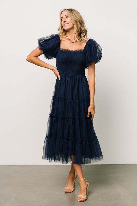 Dress to Impress: Trendy Date Night Outfits, Evening Dresses, and Hot Pink Nails with New Balance and Hello Kitty! Midi Tulle Dress, Blue Wedding Guest Dresses, Tulle Midi Dress, Tulle Material, Tiered Midi Skirt, Baltic Born, Prom Dresses Modest, Aesthetic Stuff, Navy Midi Dress