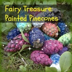 Fairy Treasure: painted pinecones left out to attract the fairies. (They love sparkling things!) Can also be used as a beautiful outdoors hide-and-seek toy, like going on an egg hunt. Forest Treasure Hunt, Fairy Party Games Activities, Fairy Trail Ideas, Woodland Party Activities, Fairy Unicorn Party, Enchanted Forest Ideas, Fairy Scavenger Hunt, Fairy Treasure Hunt, Paint Pinecones