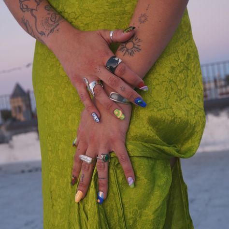 ⚡️ELECTRIC DEWDROP⚡️ last minute sunset rooftop photoshoot with my stunning muse, my silly bestie, my favorite nail client! 💚📸 this set uses chrome, 3d textures, matte and glossy contrast, and a WILD color palette 🎨 all inspired by the insane color of this jaw dropping chartreuse silk dress this set was inspired by a classic @innerbloom.nails design from a while back 💅🏻 #pressonnails #nailphoto #brooklynphotography #nailsnailsnails #3dnailart #bratsummer #nailart Brooklyn Photography, Rooftop Photoshoot, Nail Photos, Nail Shop, 3d Nail Art, Nail Sizes, Nail Art Summer, Matte Nails, Unique Nails