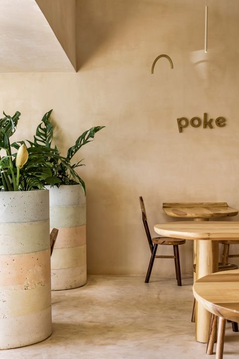 Stripy concrete planters punctuate Maku poke bowl restaurant in Cancun Poke Bowl Restaurant, Hawaiian Restaurant, Coffee Shop Concept, Metallic Object, Tulum Hotels, Wooden Table And Chairs, Concept Ideas, Concrete Pots, Hidden Beach