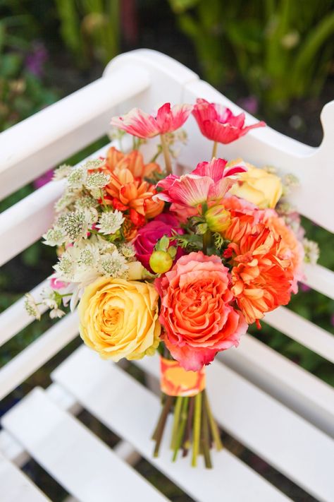 Fun & Colorful Lilly Pulitzer Wedding Ideas | Krystal Zaskey Photography  | Coral and Yellow Bouquet Orange Hoco Flowers, Lilly Pulitzer Wedding, Prom Flowers Bouquet, Yellow Wedding Bouquet, Prom Bouquet, Centerpiece Flower, Orange Bouquets, Yellow Bouquets, Palm Beach Wedding