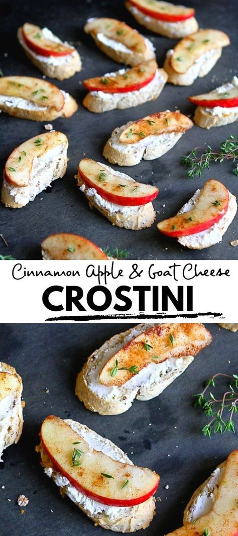 Apples and goat cheese on pieces of baguette. Apple Goat Cheese, Snack Appetizers, Crostini Appetizer, Vegetarian Appetizers Easy, Cheese Crostini, Goat Cheese Crostini, Crostini Appetizers, Apples Cinnamon, Crostini Recipes