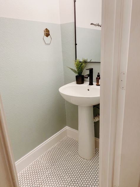 Downstairs Toilet Half Painted, Half Wall Paint Bathroom, Half Painted Bathroom Wall, Half Bath Inspiration Modern, Half Bath Green, Pedastool Sink Half Bathroom, Half Painted Wall Bathroom, Green Bathroom Modern, Half Bathroom Ideas Modern