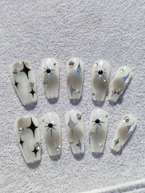 10pcs/set Long Coffin Shaped Nails With Ice Clear, Star & Four-pointed Star Pattern; Removable And Reusable False Nails Designed For Both Finger And Toe, With 1pc Jelly Glue And 1pc Nail FileI discovered amazing products on SHEIN.com, come check them out! Coffin Shaped Nails, Shaped Nails, Coffin Shape Nails, Star Nails, Star Pattern, 3d Nails, False Nails, Nail File, Star Patterns