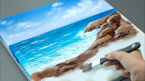 Beach Landscape Painting Easy, Sea Scapes Paintings Acrylics, Acrylic Paint Tutorial For Beginners, Acrylic Beach Painting Tutorials, Sea Acrylic Painting Easy, How To Paint A Beach Scene For Beginners, Paint Beach Scene Easy, How To Paint Beach Scene Easy, How To Draw Sea