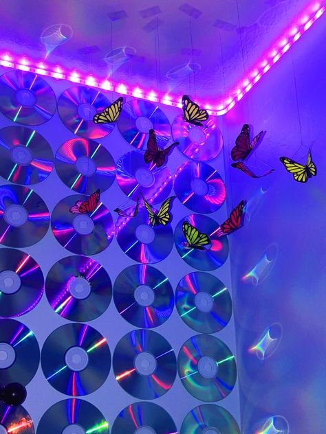 room decorations inspo, with cd wall, led lights and hanging butterflys. y2k/indie/cute. The Wall, Butterflies, Cd, Lighting, Purple, Wall