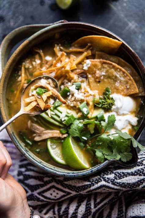 Chicken And Rice Tortilla Soup, Salsa Verde Chicken And Rice, Half Baked Harvest Recipes, Verde Chicken, Wine Alcohol, Salsa Verde Chicken, Soup Chicken, Spicy Salsa, Harvest Recipes