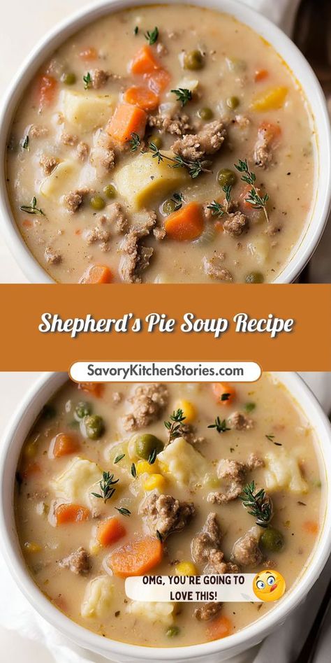 Searching for a comforting dish that’s simple to whip up? This Shepherd’s Pie Soup Recipe combines the rich tastes of ground beef and vegetables in a delightful soup! It’s ideal for family dinners or meal prep. Make sure to save this recipe for a deliciously cozy meal! Soup That Uses Ground Beef, Ground Chuck Soup Recipes, Creamy Soup With Ground Beef, Shepards Pie Soup Recipe, Sheppards Pie Soup, Shepards Pie Soup Crockpot, Shepherds Pie Soup Crockpot, Shepherd's Pie Soup, Ground Beef Cold Weather Recipes