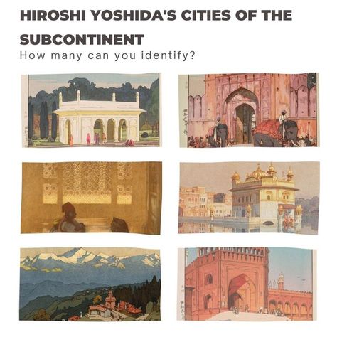 Daak on Instagram: "These snippets of reproductions of colored woodblock prints by Japanese artist Hiroshi Yoshida are from his 1932 tour to India. Can you identify the cities they depict? A little something in your DMs for those who are able to identify four or more. P.S. Prints of these are now available on the Daak shop through our link in bio. Update: If you got four or more right - check your DMs." Hiroshi Yoshida, Famous Art, Water Colour, Japanese Artists, Woodblock Print, P S, Link In Bio, Bullet Journal, India