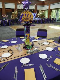 Lakers Birthday Party, Basketball Banquet Ideas, Lakers Party, Basketball Centerpieces, Basketball Bar Mitzvah, Sports Centerpieces, Basketball Banquet, Basketball Party Ideas, Bar Mitzvah Centerpieces