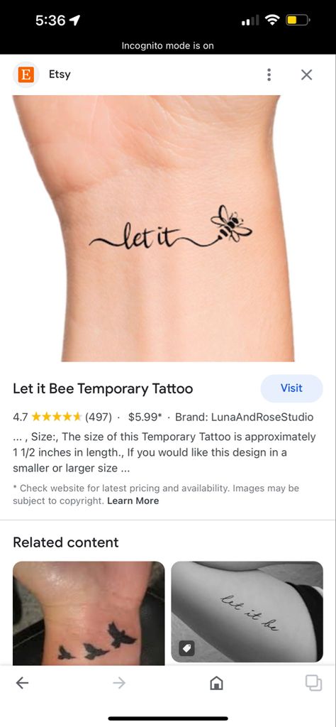 Bee You Tattoo Ideas, Let It Bee Tattoo Ideas, Bumble Bee Tattoo With Name, Let It Bee Tattoo, Bee Happy Tattoo Ideas, Let It Be Tattoo With Bee, Bee Tattoo Meaning For Women, Honey Tattoo Words Fonts, Let It Be Tattoo