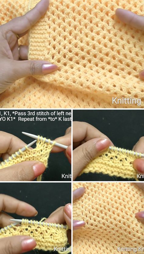 This mesh stitch knitting pattern is both lacy and beautiful and makes a lovely square! There are unlimited projects that you can make with this mesh stitch because it is airy for the summer season and strong enough to be a cover for your everyday objects! Stitch Knitting Pattern, Mesh Stitch, Knitting Stitches Tutorial, Mesh Pattern, Knitted Blanket, Baby Blanket Knitting Pattern, Pattern Knitting, Blanket Knitting Patterns, Knit Stitch Patterns