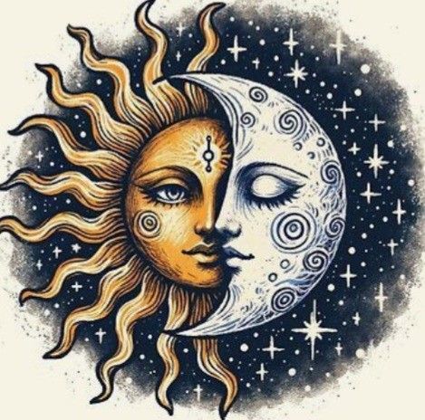 Sun And Moon Face Drawing, Mexican Sun And Moon Tattoo, Sun And Moon Leg Tattoo, Celestial Sun And Moon Art, Mexican Sun And Moon, Moon And Sun Drawing, Sun And Moon Kissing, Moon And Sun Painting, Half Sun Half Moon